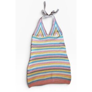THATSSOFETCH Crochet Halter Mini Dress Size 12 Pastel Stripe Y2K Coquette Boho